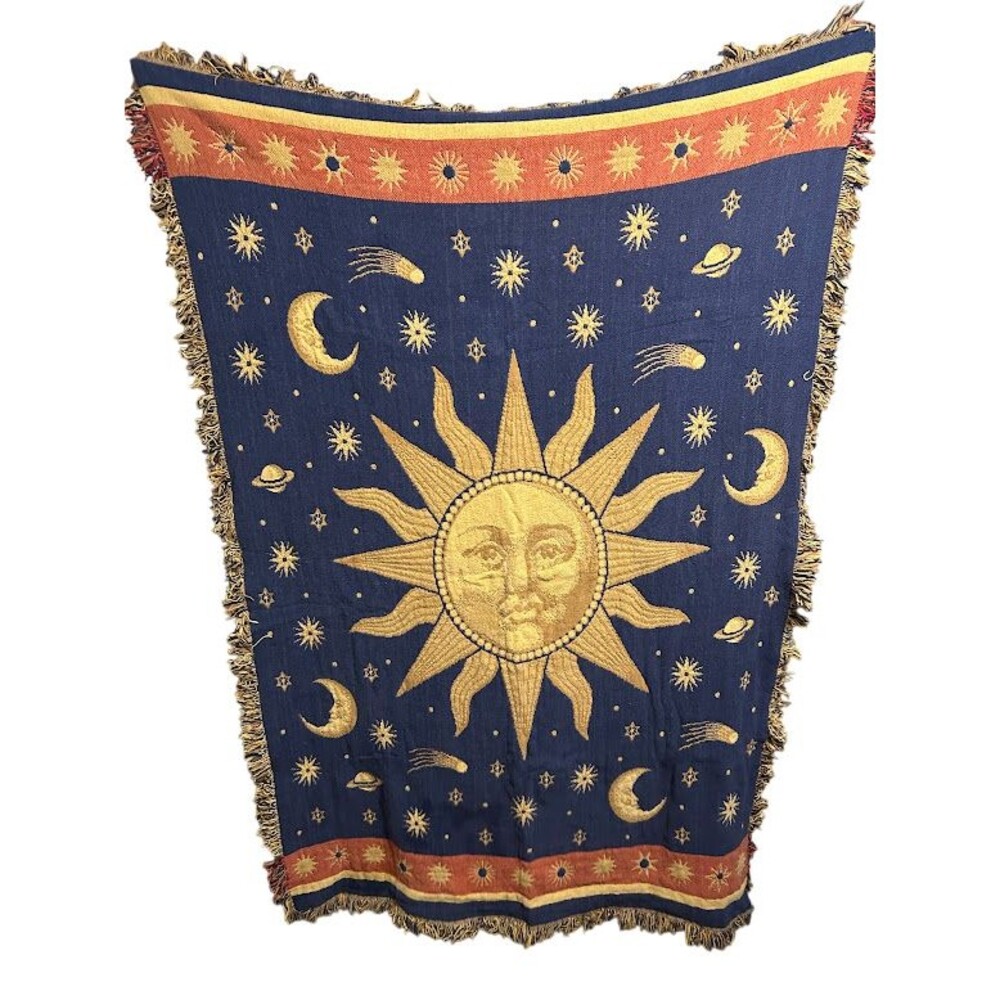 VTG 90s Celestial Sun Moon & Stars Throw Blanket Tapestry Cosmos Whimsigoth